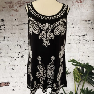 Once Again Black & White Embroidery appliqué tunic Tank Top 1X